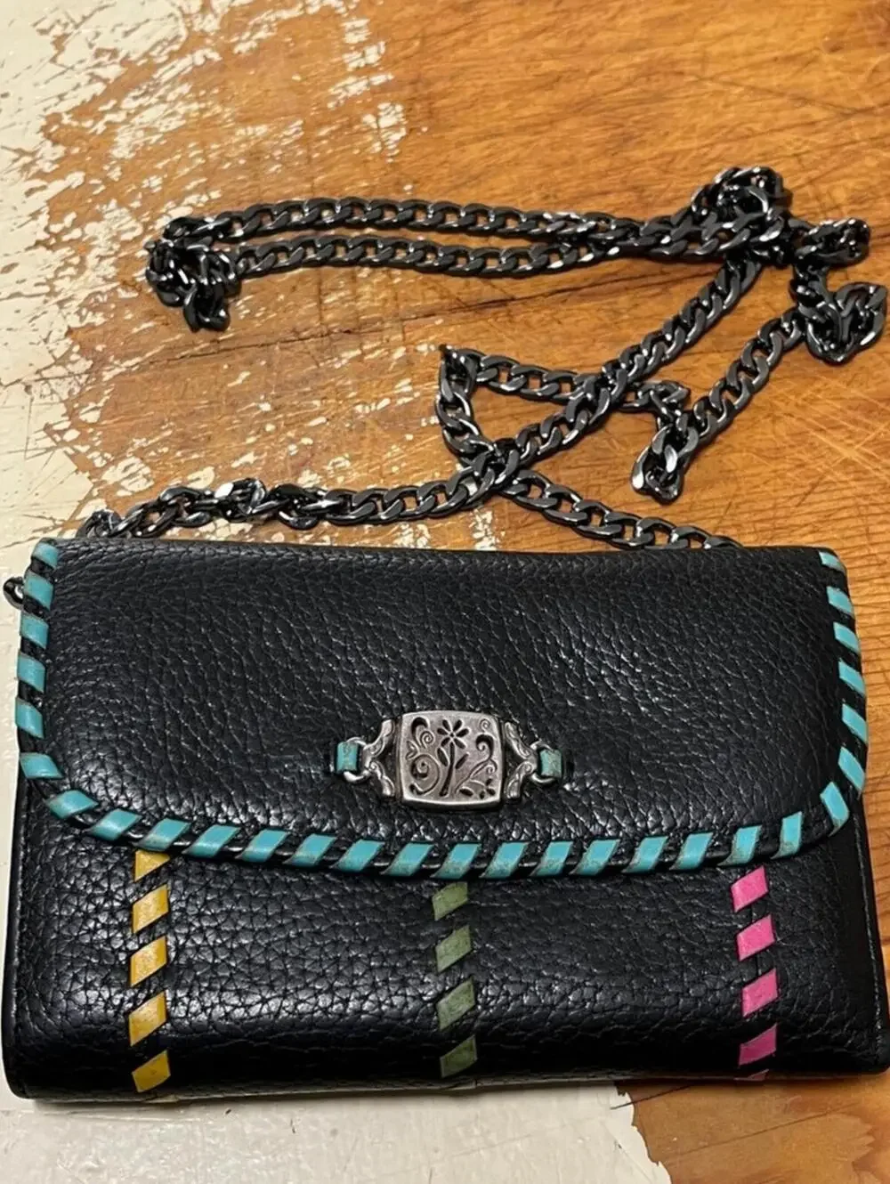 Brighton Black Leather Women's Crossbody Wallet with Colorful Accents